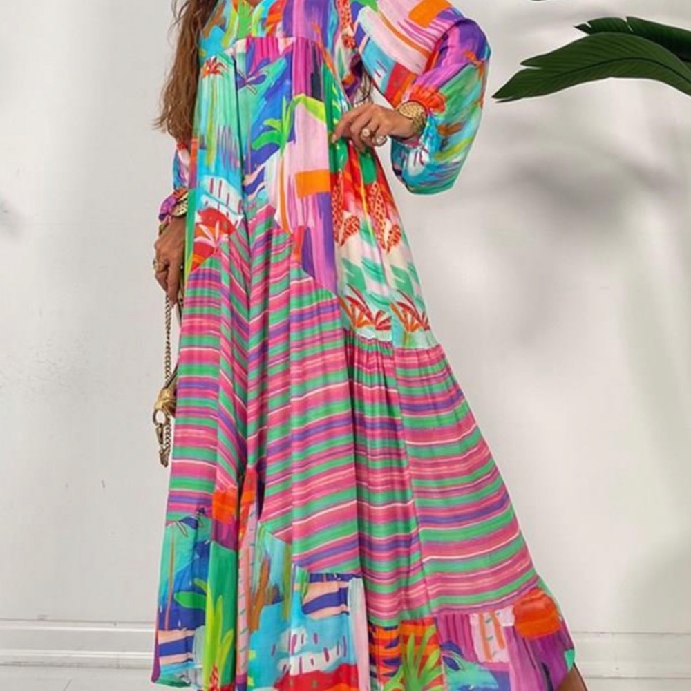 Flowy Long Sleeve Boho Colorful Maxi Dress 2XL Vacation Cruise Poolside